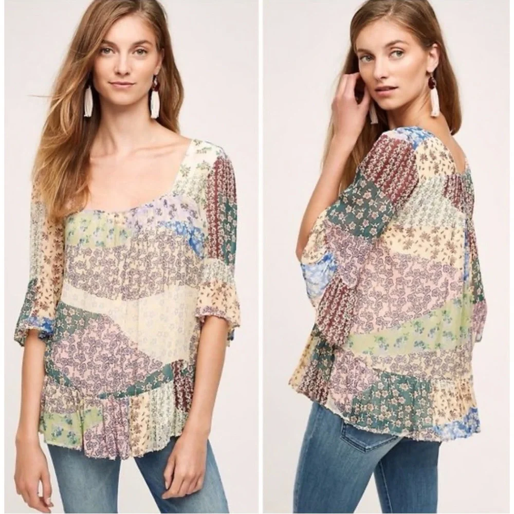 Anthropologie Floreat Floral Beaded Patchwork Peasant Blouse Size XS - Picture 1 of 8